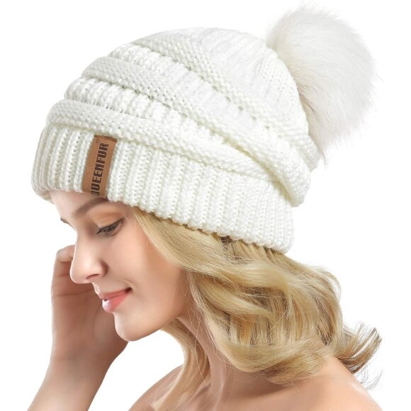 Women White Soft Acrylic Thick Baggy Knit Winter Faux Fur Pompom Beanie - Picture 3 of 6